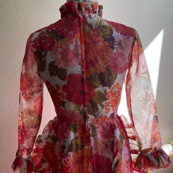 Vintage 1960s Small Floral Full Length Sheer Gown with Ruffle Detail - 60s Pink - Picture 8 of 11